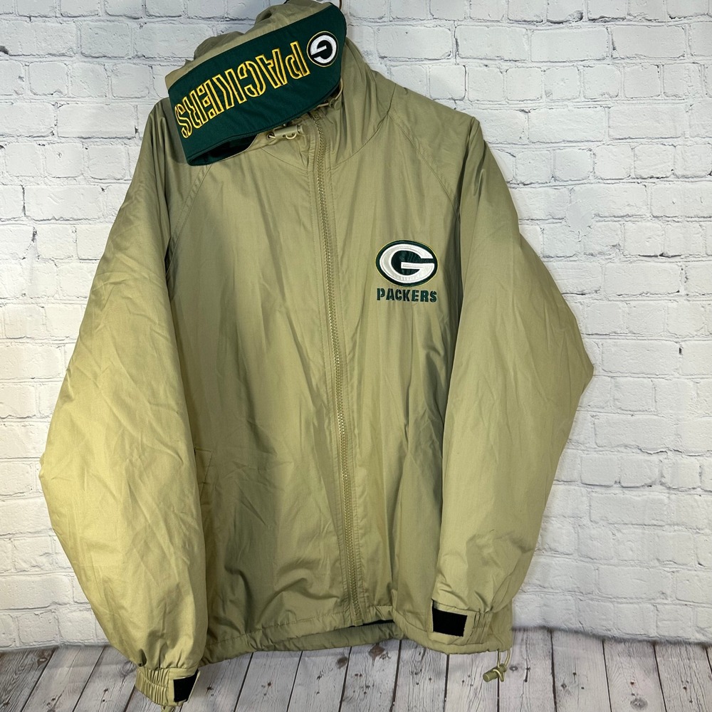 Vintage Pro Player Green Bay Packers Hooded Jacket Tan Full Zip Mens Small NFL